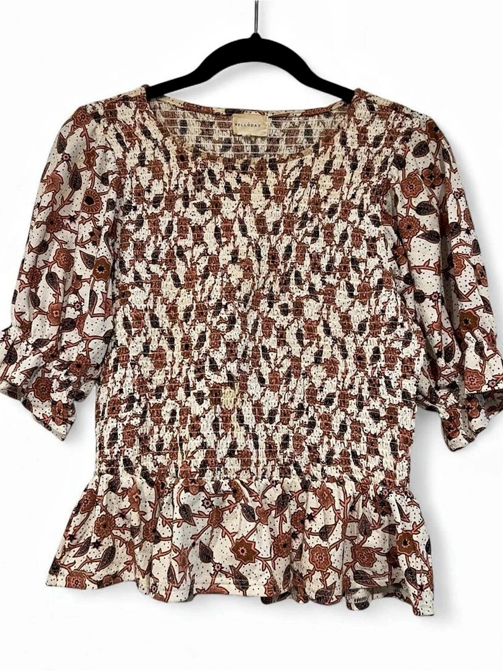 Melloday Floral Peplum Blouse in Brown & White